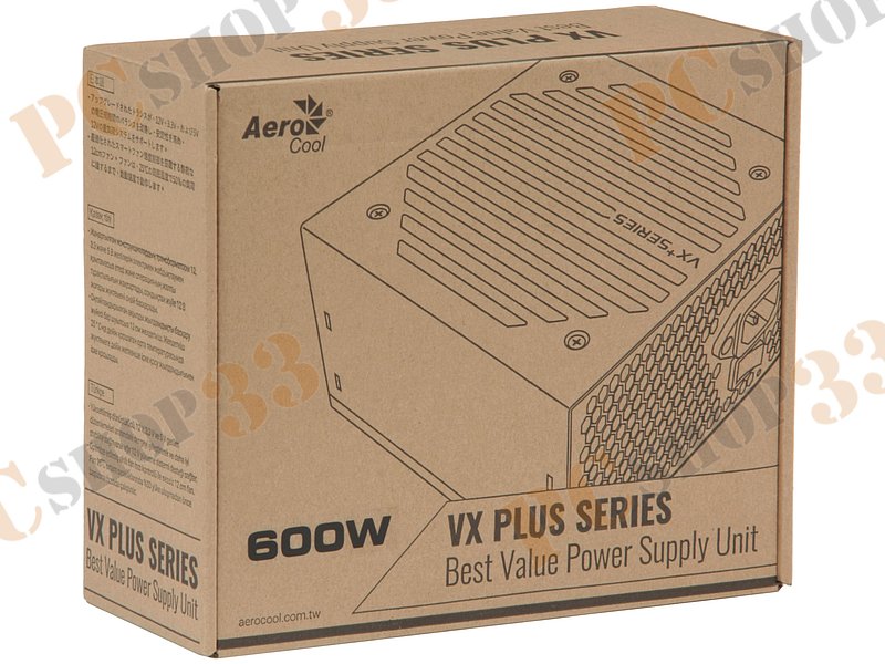 Блок питания 600Вт Aerocool VX-600 PLUS ATX12V V2.3 (20/24+4/8+6/8pin, вентилятор d120мм) + кабель питания EURO (1.1м)