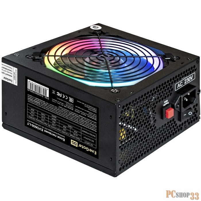 Блок питания 600W ExeGate EVO600-LT (ATX, APFC, SC, 12cm RGB fan, 24pin, (4+4)pin, PCI-E, 5xSATA, 3xIDE, FDD, black, кабель 220V с защитой от выдергивания)