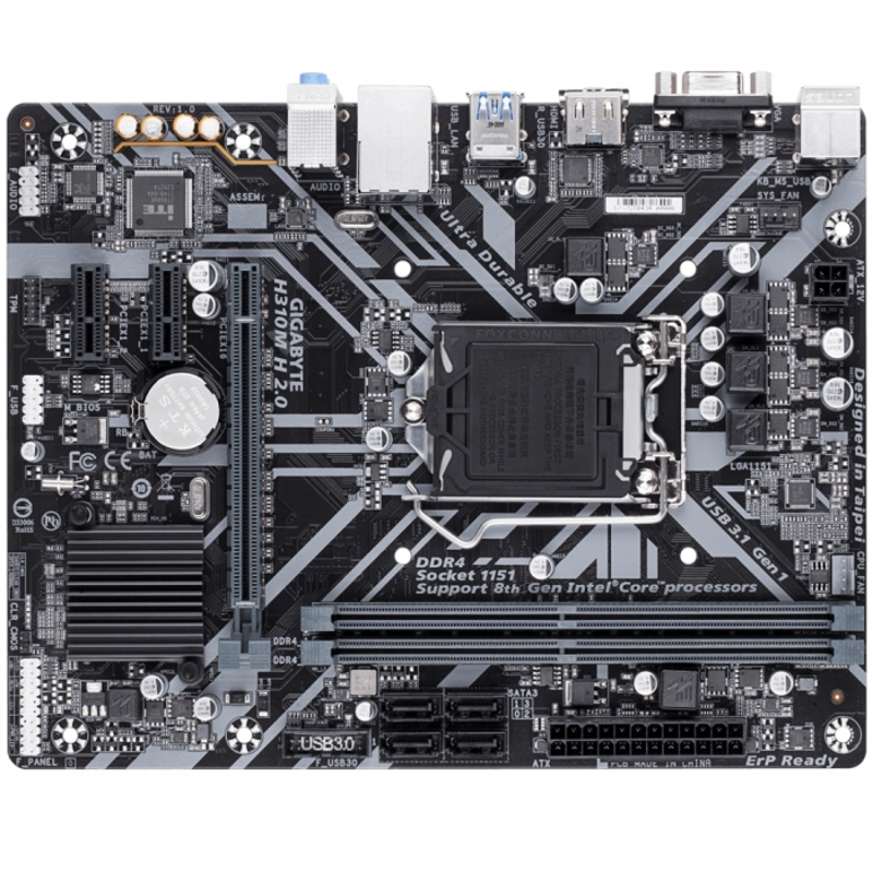 Мат. плата Socket1151 GIGABYTE H310M H 2.0 (iH310, 2xDDR4, SATA III, PCI-E, D-Sub, HDMI, 1Гбит LAN, USB3.1, mATX)