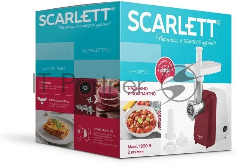 Scarlett SC-MG45S62 Мясорубка (белый с красным)Тип: Без овощерезок Мощность, Вт: 1800 Производительность : 2.0 Функция реверс: Да Перфорированные диски для мяса, размер отверстий мм: 5 Насадка кеббе: Да Насадка для приготовления домашних сосисок: Да