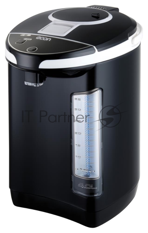 Термопот Econ ECO-401TP black электрический, мощность 750Вт, объем 4 литра, электронное управление, тип стали - нержавеющая 304, Способ подачи воды - автоматический, механический и касанием чашкой, Защита от перегрева, Защита от перепада напряжения,
