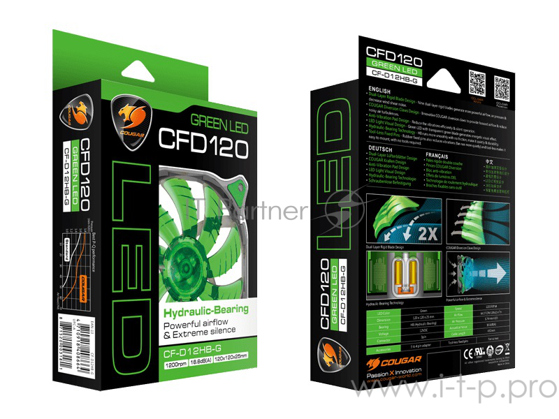 Вентиляторы Cougar CFD120 GREEN Вентилятор CFD120 GREEN 120x 120x 25мм (40шт./кор, пит. от мат.платы и БП, зелёная подсветка, 1200об/мин) (CF-D12HB-G) Retail