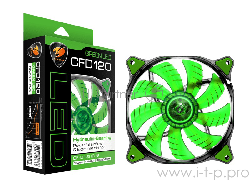 Вентиляторы Cougar CFD120 GREEN Вентилятор CFD120 GREEN 120x 120x 25мм (40шт./кор, пит. от мат.платы и БП, зелёная подсветка, 1200об/мин) (CF-D12HB-G) Retail