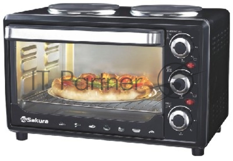 Мини-печь SAKURA SA-7002HBK 48л, 3600Вт, духовка 2000Вт, конфорки 185мм+155мм (1000Вт+600Вт), механ.управление, 3 режима работы духовки (верх, низ, верх+низ), раздельная регулировка температуры духовки и конфорок, комплектация - металлическая решетка