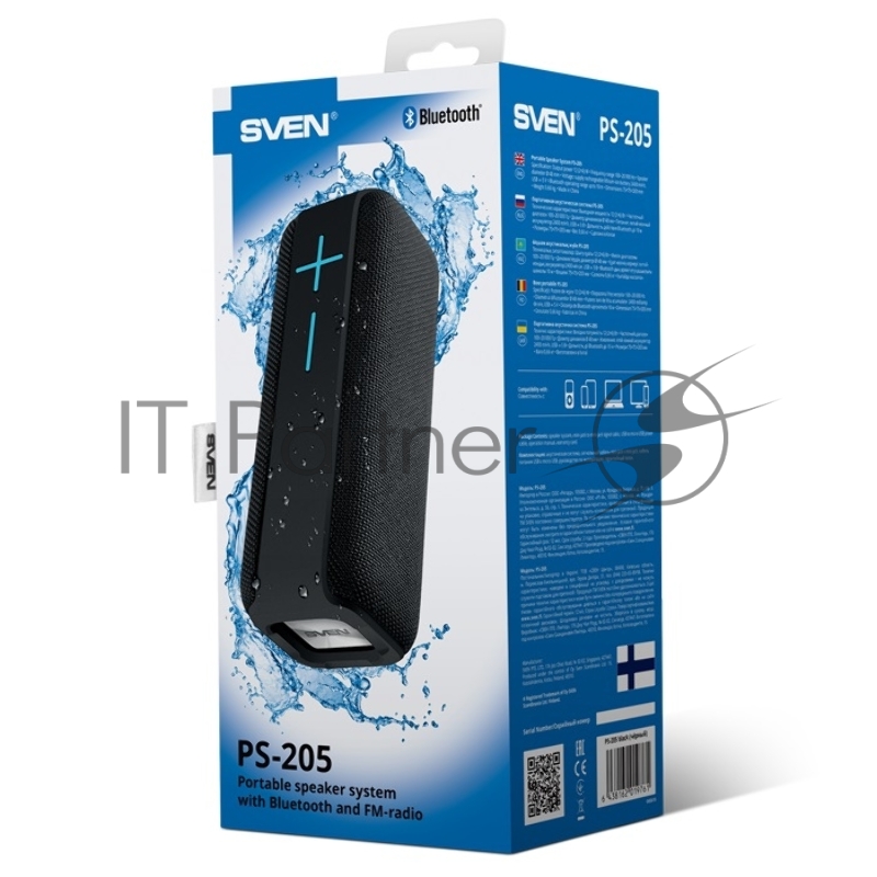 Акустическая система 2.0 SVEN PS-205, черный,, мощность 2x6 Вт (RMS), Waterproof (IPx6), TWS, Bluetooth, FM, USB, microSD, встроенный аккумулятор