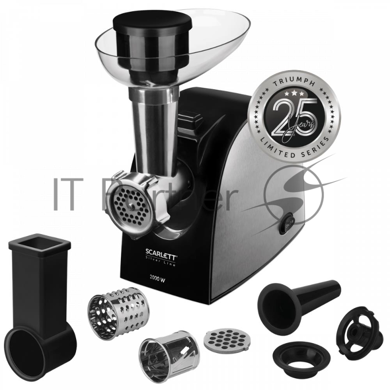 Мясорубка Scarlett SC-MG45M25 (Silver Line)Тип: С овощерезками Мощность, Вт: 2000 Функция реверс: Да Перфорированные диски для мяса, размер отверстий мм: 5 и 7 мм Металлическое соединение шнека: Да Нож из нержавеющей стали: Да Насадка кеббе: Да Насад