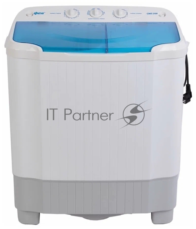 Фея СМП 50 Н прозрачная крышка Стиральная машина полуавтоматическаяВместимость при стирке - 4,5 кг, вместимость белья при отжиме - 3,4 кг, насос для слива воды, механическое управление, функция отжим