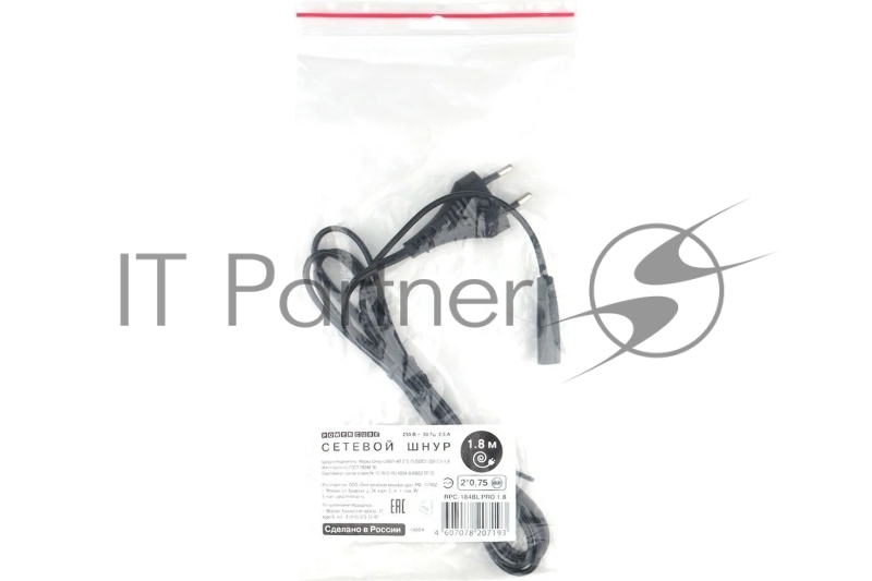 Шнур PowerCube ШВВП-АП 2*0,75 S52C7-250-2,5-1,8, черный, 1,8 м , S52 - C7, 2-pin, Россия
