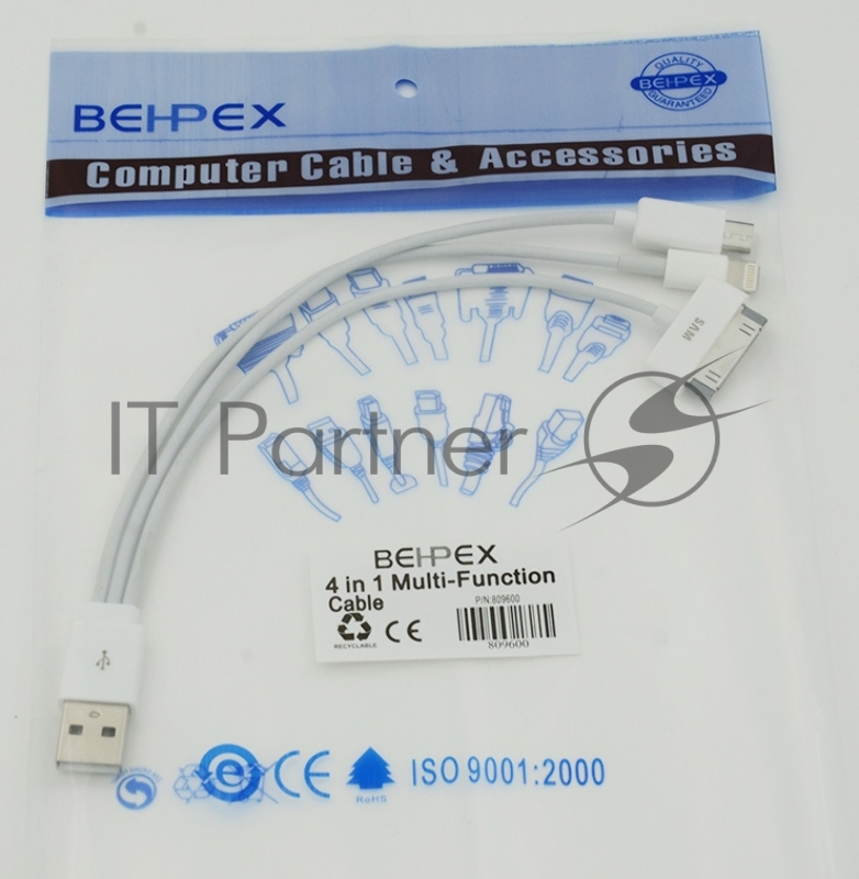 Кабель 4-in-1 USB-microUSB/Lightning/30-pin( белый для Apple iPhone для Apple iPad