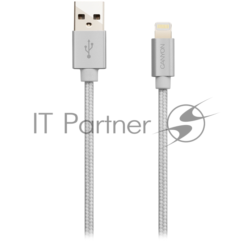 Кабель CANYON Charge & Sync MFI braided cable with metalic shell, USB to lightning, certified by Apple, cable length 1m, OD2.8mm, Pearl White