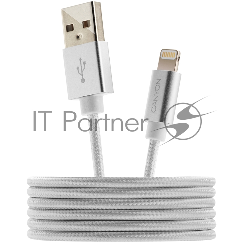 Кабель CANYON Charge & Sync MFI braided cable with metalic shell, USB to lightning, certified by Apple, cable length 1m, OD2.8mm, Pearl White