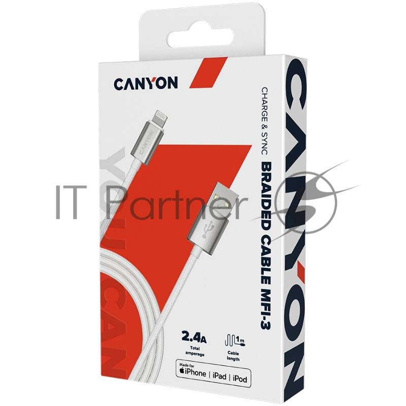 Кабель CANYON Charge & Sync MFI braided cable with metalic shell, USB to lightning, certified by Apple, cable length 1m, OD2.8mm, Pearl White