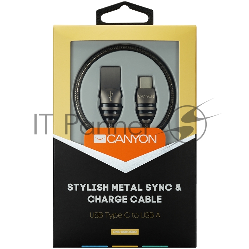 Кабель CANYON Type C USB 2.0 standard cable, Power & Data output, 5V 2A, OD 3.5mm, metallic Jacket, 1m, gun color, 0.04kg