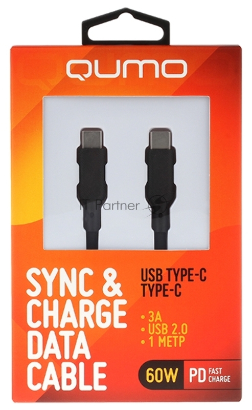 Кабель QUMO 32964 Type-C на Type-C, силиконовый, 1м, 3A, 60W, PD (черный)