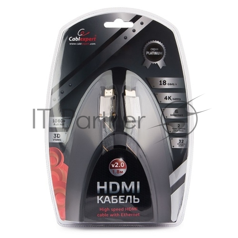 Кабель HDMI Cablexpert, серия Platinum, 1,8 м, v2.0, M/M, плоский, позол.разъемы, металлический корпус, нейлоновая оплетка, блистер