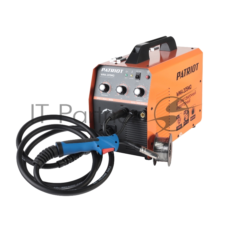 Полуавтомат сварочный инверторный PATRIOT WMA 205MQ MIG/MAG/MMA, полуавтоматическая сварка в среде газа (MIG/MAG) стальной и флюсовой проволокой 0.6/0.8 мм, сварка электродом (MMA) до 4мм, сварочный ток в режиме MIG: 40-200А сварочный ток в режиме MM