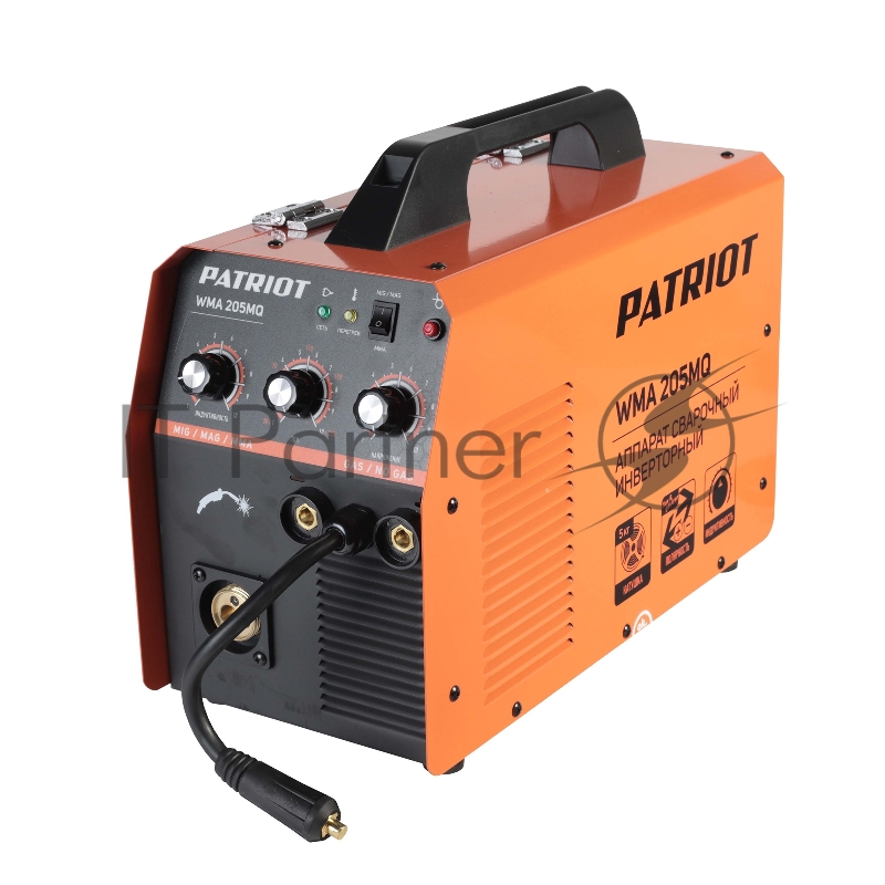 Полуавтомат сварочный инверторный PATRIOT WMA 205MQ MIG/MAG/MMA, полуавтоматическая сварка в среде газа (MIG/MAG) стальной и флюсовой проволокой 0.6/0.8 мм, сварка электродом (MMA) до 4мм, сварочный ток в режиме MIG: 40-200А сварочный ток в режиме MM