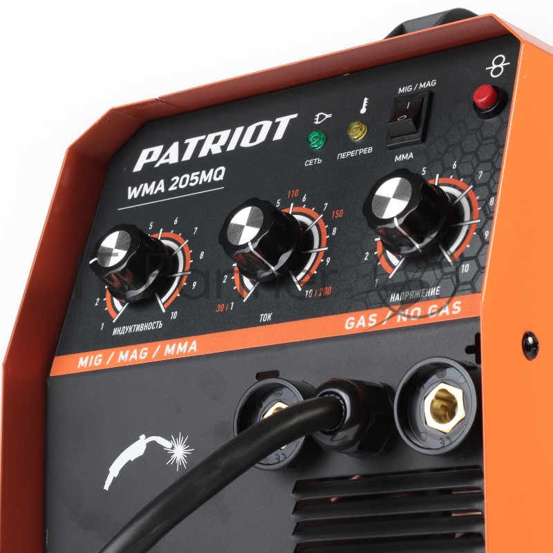 Полуавтомат сварочный инверторный PATRIOT WMA 205MQ MIG/MAG/MMA, полуавтоматическая сварка в среде газа (MIG/MAG) стальной и флюсовой проволокой 0.6/0.8 мм, сварка электродом (MMA) до 4мм, сварочный ток в режиме MIG: 40-200А сварочный ток в режиме MM