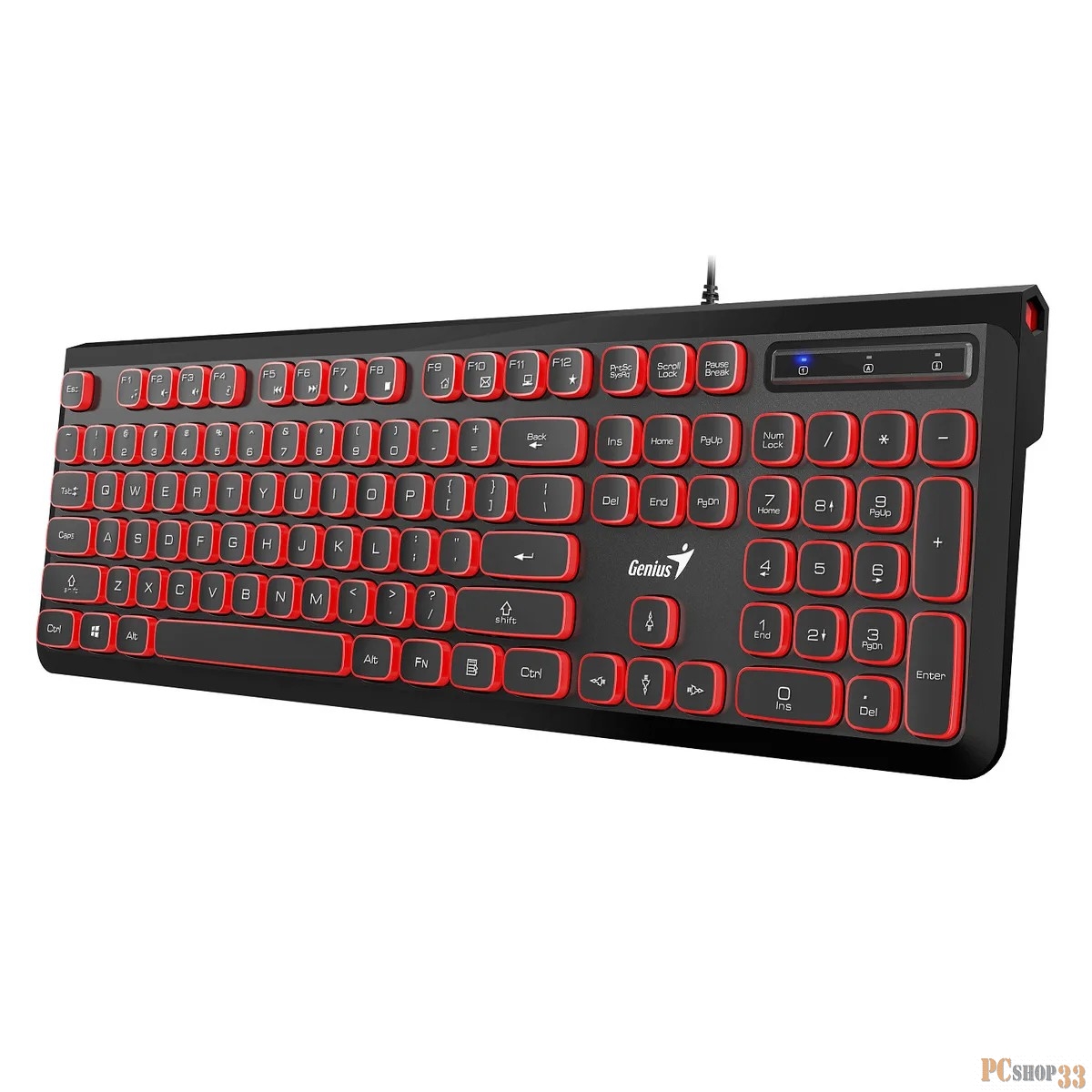 Клавиатура проводная Genius SlimStar 260. Тихий набор, 104 клавиши. Шестигранный дизайн корпуса. Расширенная подставка с прорезиненными ножками. Подключение USB Plug-and-Play. Цвет: красно-черный