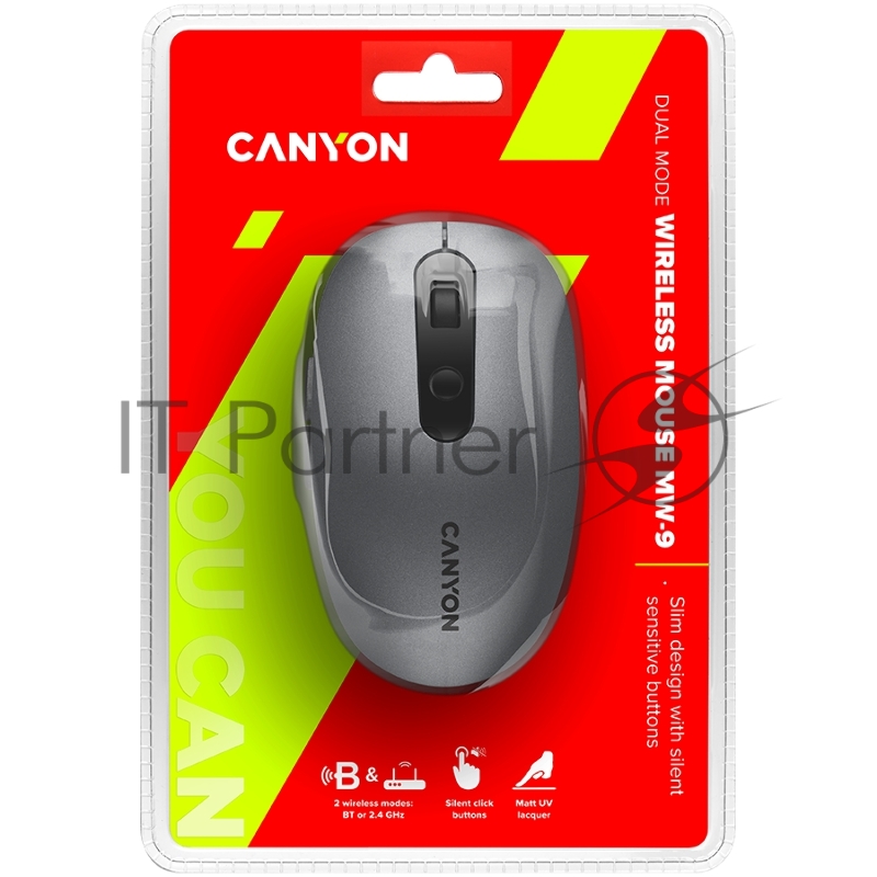 Мышь Canyon 2 in 1 Wireless optical mouse with 6 buttons, DPI 800/1000/1200/1500, 2 mode(BT/ 2.4GHz), Battery AA*1pcs, Grey, 65.4*112.25*32.3mm, 0.092kg