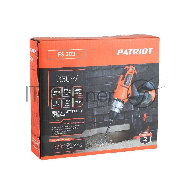 Дрель-шуруповерт сетевая PATRIOT FS 303. 330Вт. 350/1350об/мин. 25НМ. (металл/дерево)10мм/20мм