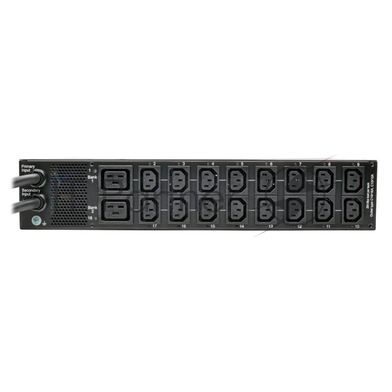 Блок распределения питания TrippLite TAA-Compliant 7.4kW Single-Phase ATS/Switched PDU, 230V Outlets (16 C13 & 2 C19), 2 IEC309 32A Blue Cords, 2U Rack-Mount