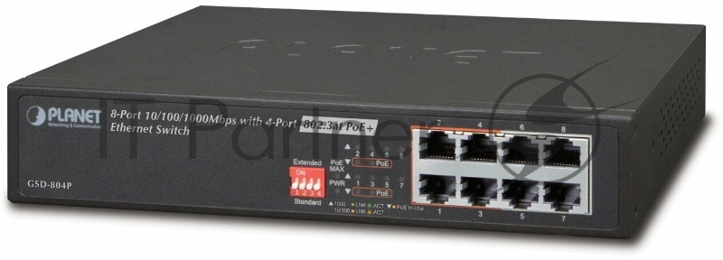 Неуправляемый PoE коммутатор GSD-804P 10 8-Port 10/100/1000 Gigabit Ethernet Switch with 4-Port 802.3at PoE+ Injector (60W PoE Budget, 200m Extend mode and fanless)