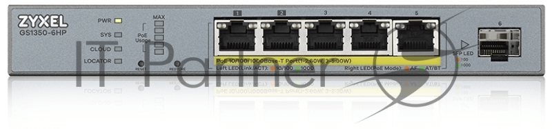 Коммутатор Zyxel GS1350-6HP, 4xGE PoE+, 1xGE PoE++ (802.3bt), 1xSFP, бюджет PoE 60 Вт, дальность передачи питания до 250 м, автоперезагрузка PoE-портов, повышенная защита от перенапряжений и электростатических р