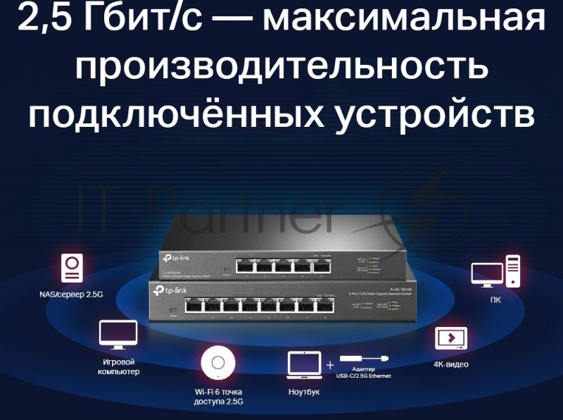 Коммутатор TP-Link 5-Port 2.5G Multi-Gigabit Desktop Switch, 5 × 2.5 G RJ45 Ports, Desktop Steel Case, Silent, Plug and Play, Wall mount.