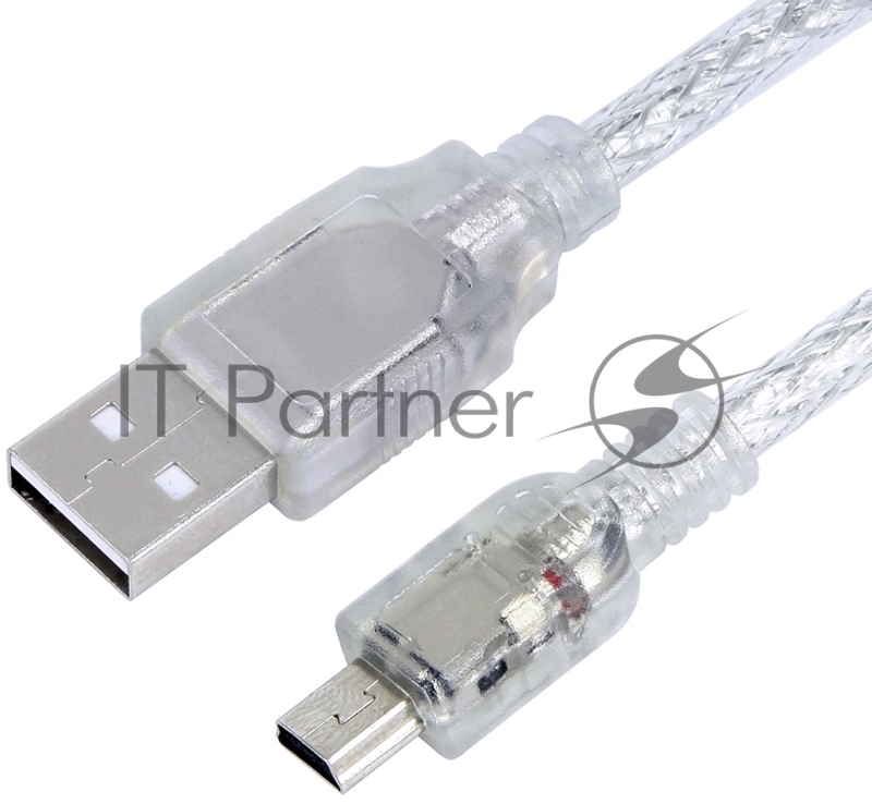 Кабель Greenconnect 1.0m USB 2.0, AM/mini 5P, прозрачный, 28/28 AWG, экран, армированный, морозостойкий, GCR-UM1M5P-BB2S-1.0m