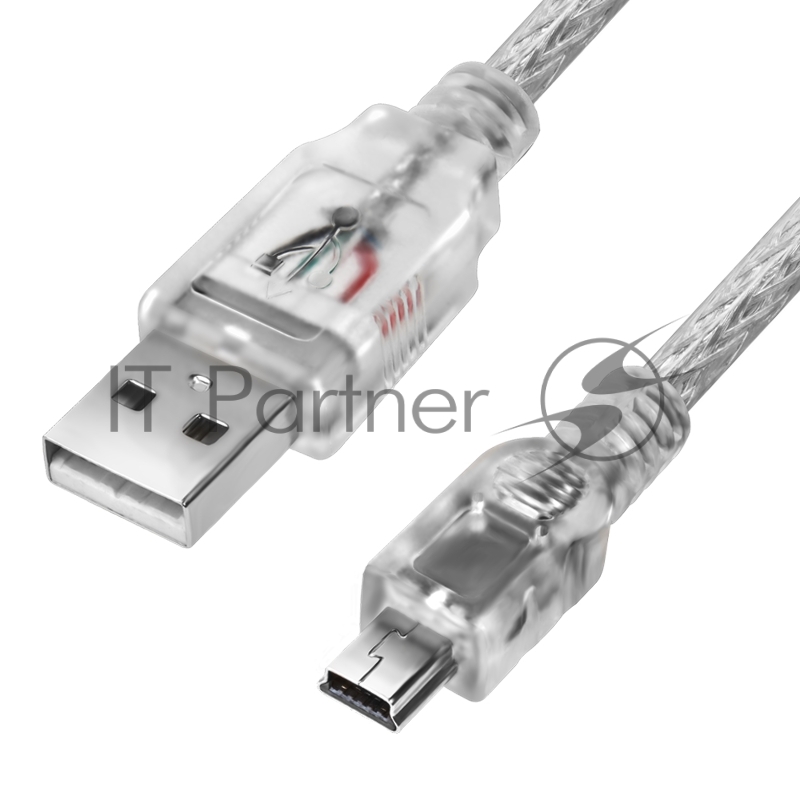 Кабель Greenconnect 1.0m USB 2.0, AM/mini 5P, прозрачный, 28/28 AWG, экран, армированный, морозостойкий, GCR-UM1M5P-BB2S-1.0m