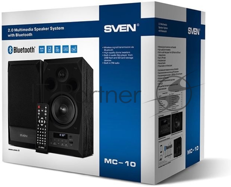Акустическая система 2.0 SVEN MC-10, чёрный, мощность 2x25Вт (RMS), FM-тюнер, USB/microSD, дисплей, пульт ДУ, Bluetooth SVEN MC-10, чёрный, акустическая система 2.0, мощность 2x25Вт (RMS), FM-тюнер, USB/microSD, дисплей, пульт ДУ, Bluetooth
