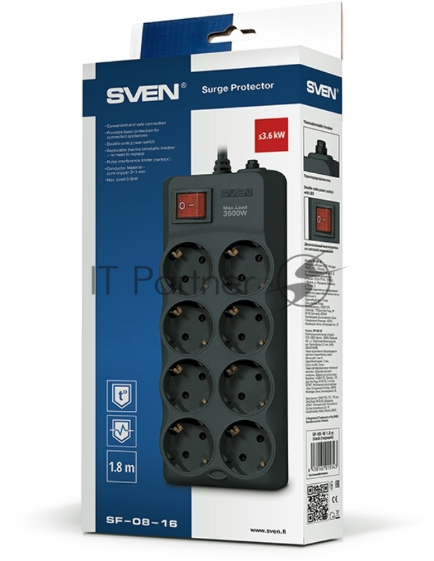 Сетевой фильтр SVEN SF-08-16 3,0 м (8 розеток 16А) черный, цветная коробка