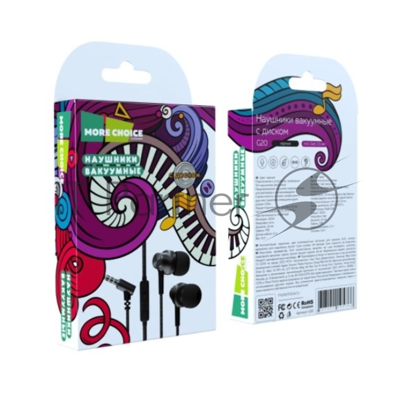 Наушники вакуумные AUX разъём с МК без рег.громкости длина 1.1м More Choice G20 (Black)