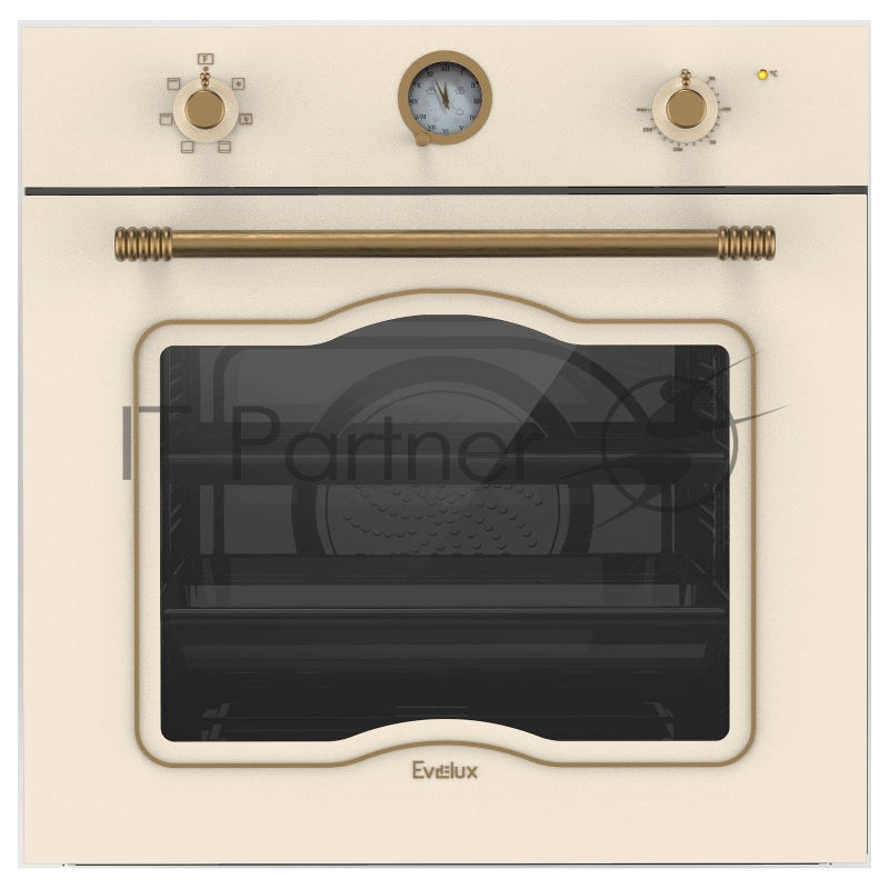 Духовой шкаф встраиваемый полноразмерный, 60 см, retro, 6 режимов, объем духовки 68л, поворотные переключатели, панель управления - бежевая эмаль, боковые хромированные решетки, универсальный противень, решетка-гриль, двойное стекло дверцы, легко-съ