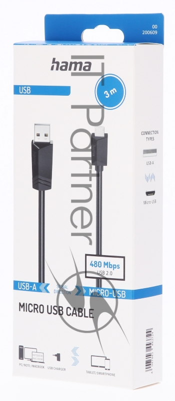 Кабель Hama H-200609 00200609 USB (m)-micro USB (m) 3м черный