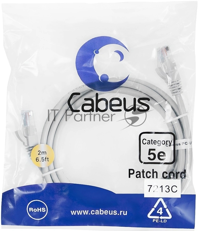 Патч-корд Cabeus PC-UTP-RJ45-Cat.5e-2m U/UTP, категория 5е, 2xRJ45/8p8c, неэкранированный, серый, PVC, 2м