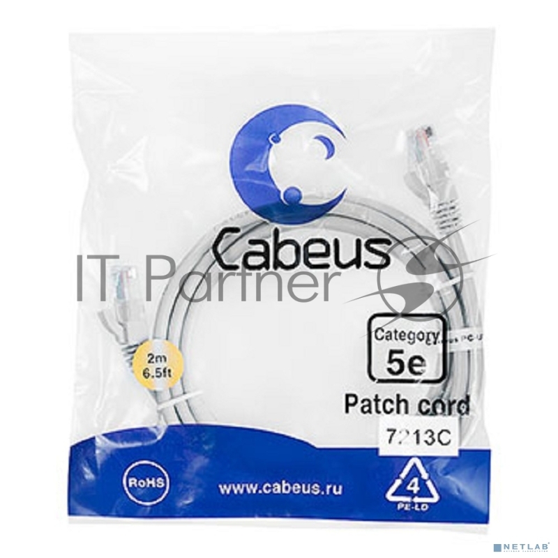 Патч-корд Cabeus PC-UTP-RJ45-Cat.5e-2m U/UTP, категория 5е, 2xRJ45/8p8c, неэкранированный, серый, PVC, 2м