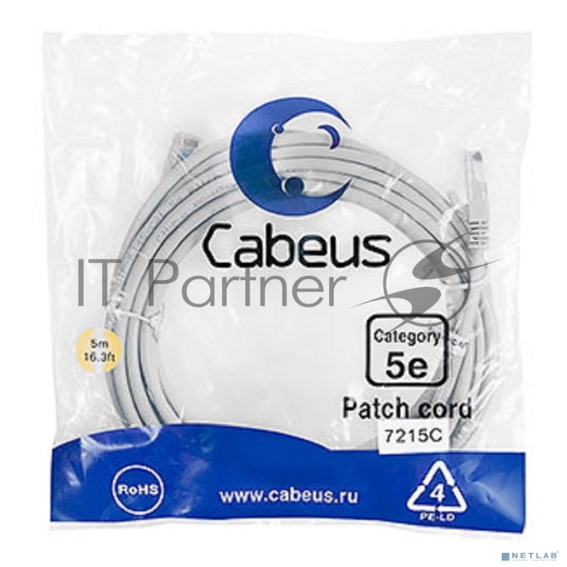 Патч-корд Cabeus PC-UTP-RJ45-Cat.5e-5m U/UTP, категория 5е, 2xRJ45/8p8c, неэкранированный, серый, PVC, 5м