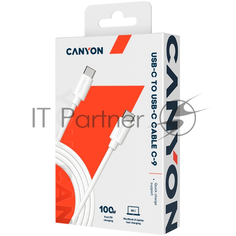 Кабель CANYON C-9, 100W, 20V/ 5A, typeC to Type C, 1.2M with Emark, Power wire :20AWG*4C,Signal wires :28AWG*4C,OD4.3mm +/- 0.2mm, PVC ,White