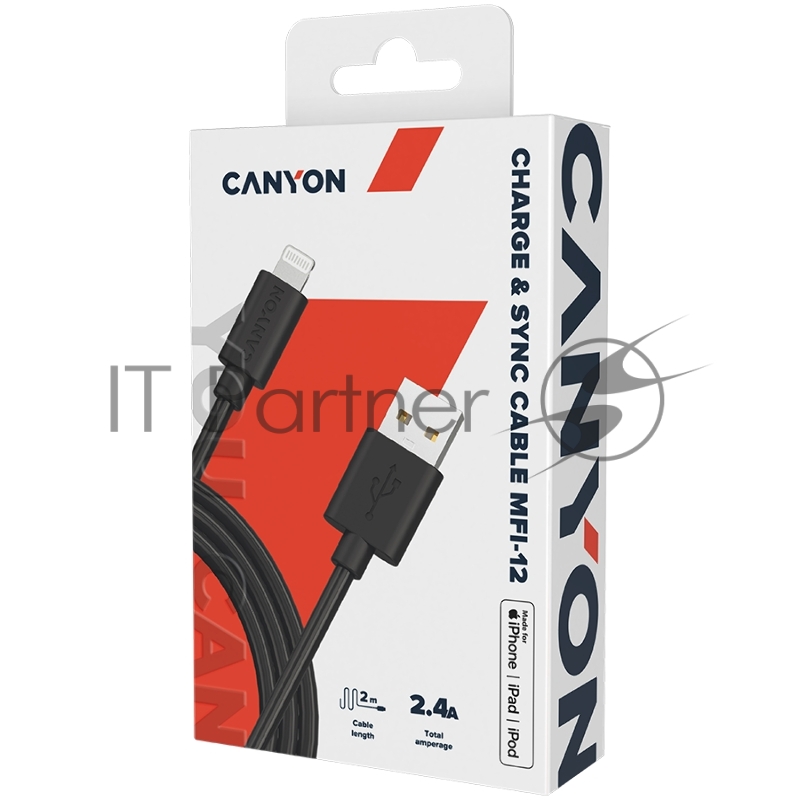 Кабель CANYON MFI C48 Lightning USB Cable for Apple (C48), round, PVC, 2M, OD:4.0mm, Power+signal wire: 21AWG*2C+28AWG*2C, Data transfer speed:26MB/s, Black. With shield , with CANYON logo and CANYON package. Certification: ROHS, MFI.