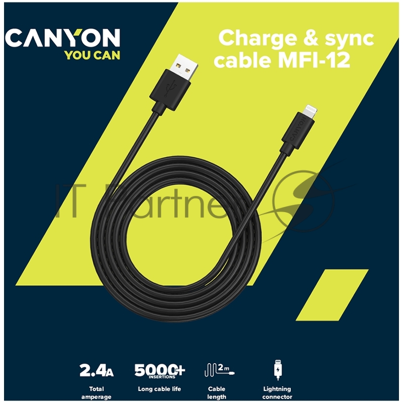 Кабель CANYON MFI C48 Lightning USB Cable for Apple (C48), round, PVC, 2M, OD:4.0mm, Power+signal wire: 21AWG*2C+28AWG*2C, Data transfer speed:26MB/s, Black. With shield , with CANYON logo and CANYON package. Certification: ROHS, MFI.