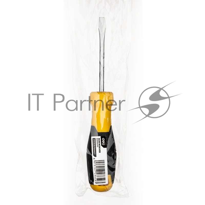 Шлицевая отвертка Deli DL6350751 5х75мм Материал: CR-V. Двухкомпонентная ручка. Хромированная.