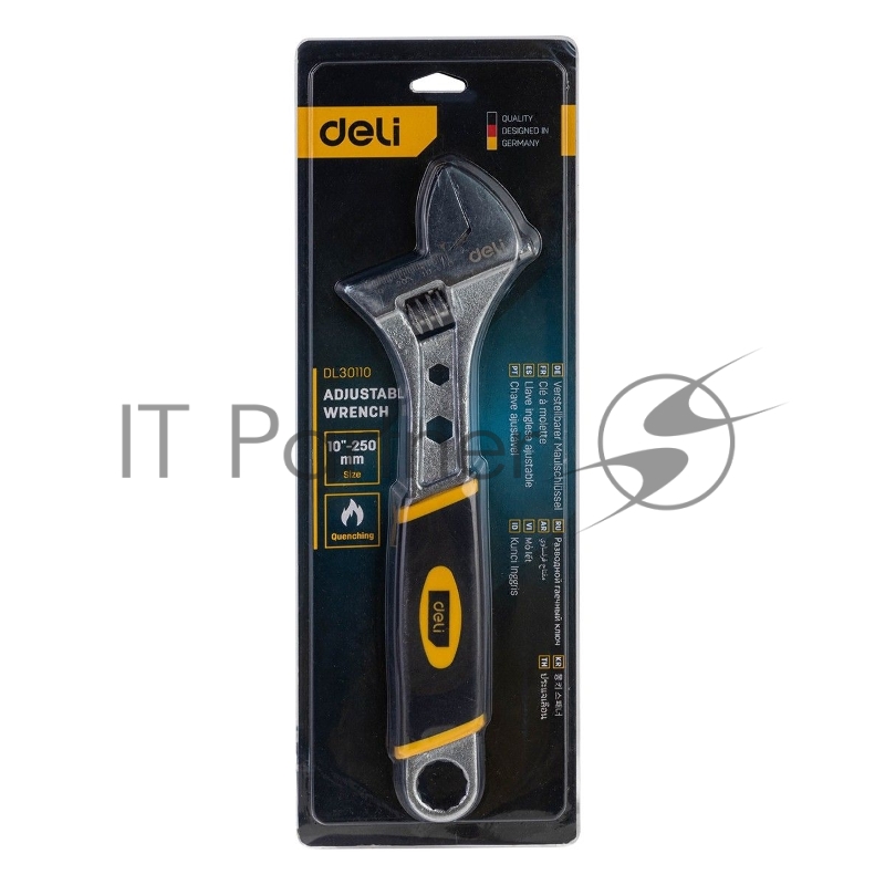 Разводной ключ Deli DL30110 10 Длина 250 мм. Высокоуглеродистая сталь + TPR (обрезиненная ручка). Максимальный размер отверстия: 33 мм.