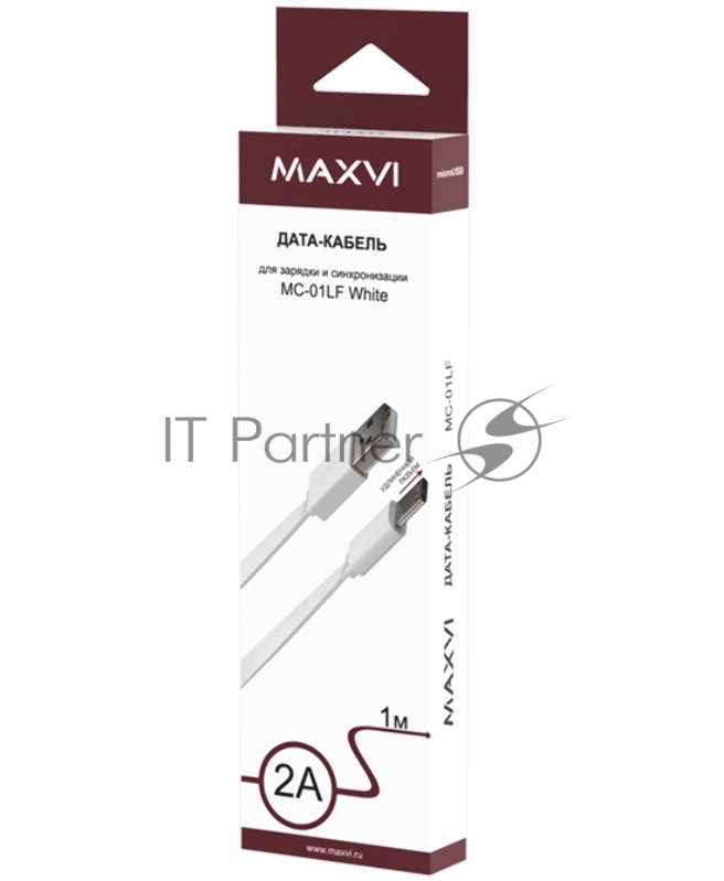 Кабель Maxvi MC-01LF white USB-A - microUSB, 2A Описание: Плоский кабель, ток макс. нагрузки 2А, макс. напряжение 5V стандарт USB 2.0 длина разъема microUSB 10 мм, длина 1м, материал PVC, белый
