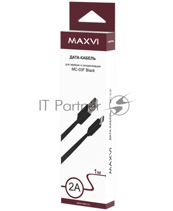 Кабель Maxvi MC-03F black USB-A - Lightning, 2A Описание: Плоский кабель, ток макс. нагрузки 2А, макс. напряжение 5V стандарт USB 2.0 длина 1м, материал PVC, черный
