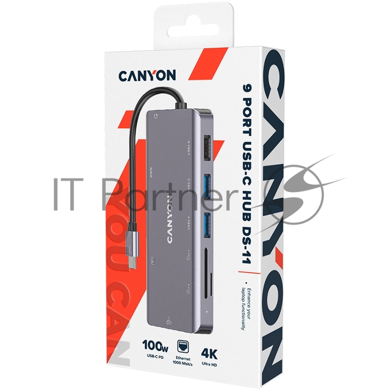 Мультипортовый хаб CANYON 9 in 1 USB C hub, with 1*HDMI: 4K*30Hz,1*Gigabit Ethernet,, 1*Type-C PD charging port, Max 100W PD input. 2*USB3.0,transfer speed up to 5Gbps. 1*USB 2.0, 1*SD, 1*3.5mm audio jack, cable 18cm, Aluminum alloy housing115*46*15