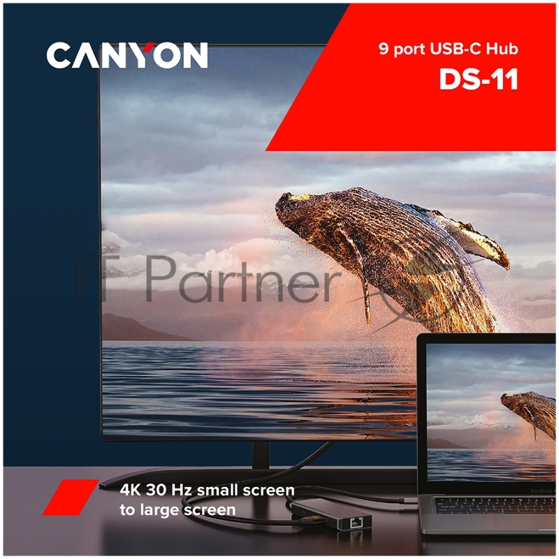 Мультипортовый хаб CANYON 9 in 1 USB C hub, with 1*HDMI: 4K*30Hz,1*Gigabit Ethernet,, 1*Type-C PD charging port, Max 100W PD input. 2*USB3.0,transfer speed up to 5Gbps. 1*USB 2.0, 1*SD, 1*3.5mm audio jack, cable 18cm, Aluminum alloy housing115*46*15