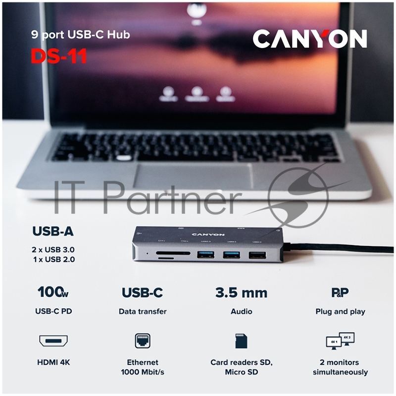 Мультипортовый хаб CANYON 9 in 1 USB C hub, with 1*HDMI: 4K*30Hz,1*Gigabit Ethernet,, 1*Type-C PD charging port, Max 100W PD input. 2*USB3.0,transfer speed up to 5Gbps. 1*USB 2.0, 1*SD, 1*3.5mm audio jack, cable 18cm, Aluminum alloy housing115*46*15