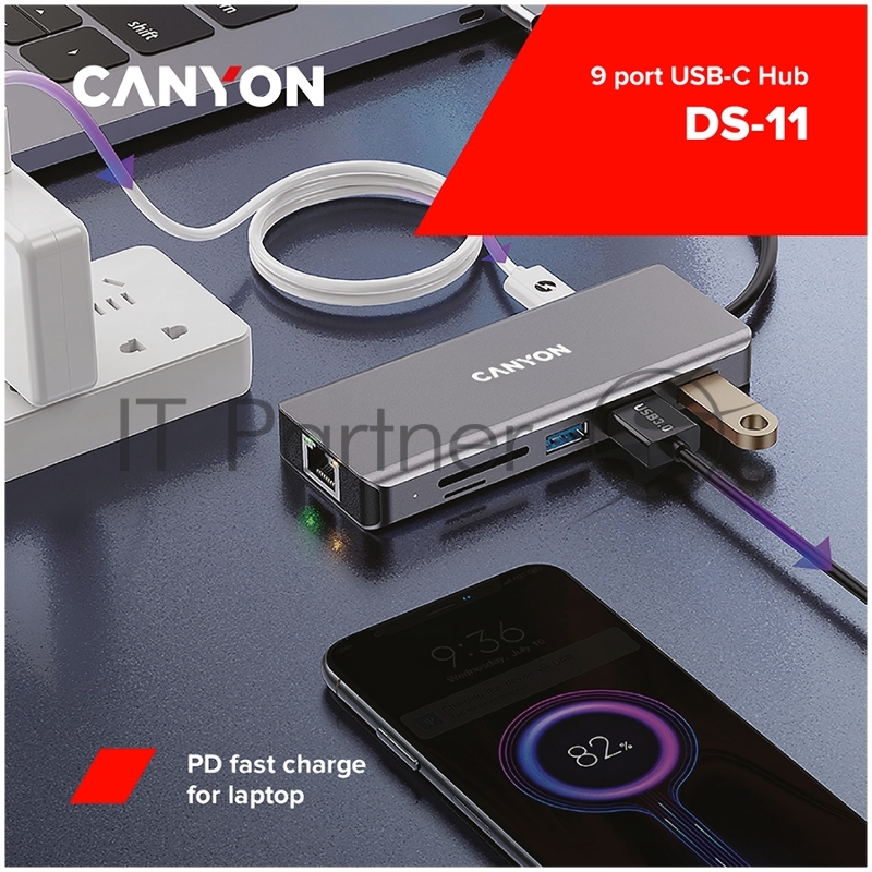 Мультипортовый хаб CANYON 9 in 1 USB C hub, with 1*HDMI: 4K*30Hz,1*Gigabit Ethernet,, 1*Type-C PD charging port, Max 100W PD input. 2*USB3.0,transfer speed up to 5Gbps. 1*USB 2.0, 1*SD, 1*3.5mm audio jack, cable 18cm, Aluminum alloy housing115*46*15